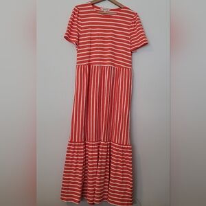 Boden orange White stripe maxi dress 10R Tiered Short Sleeve Feminine Classic
